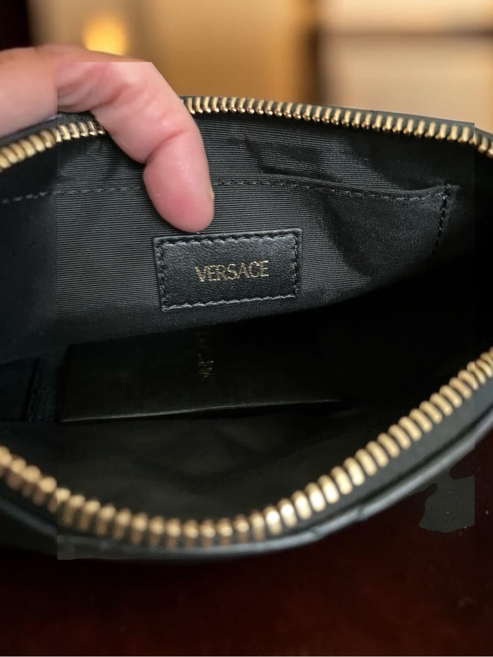 Versace Full Inclusion Black Leather Crossbpdy with Gold-Tone Zip